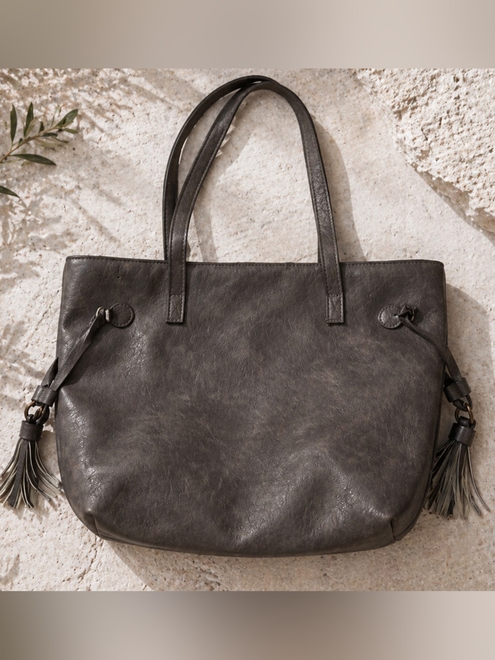 N.Gil Gray Faux Leather Tote Bag Tassel Shoulder Purse